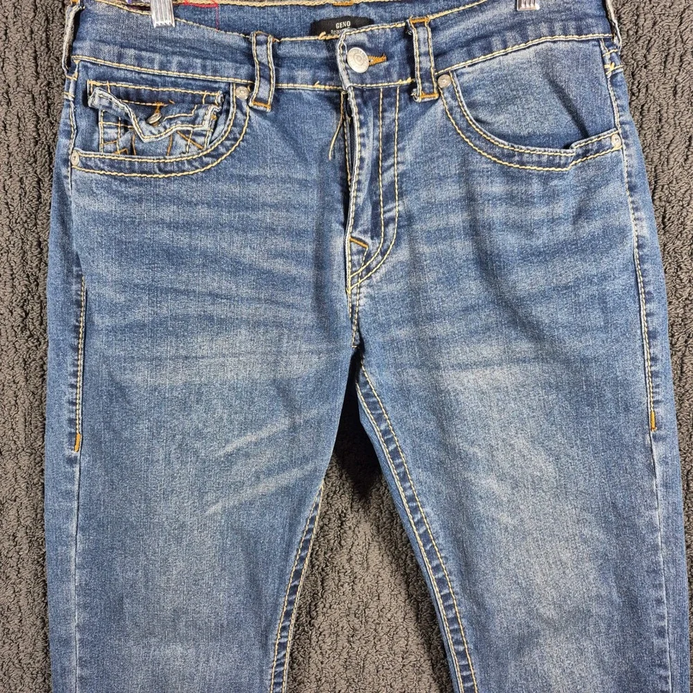 True Religion Geno Relaxed Slim Jeans Mens 33 Blue Gold Stitch Flap Pocket